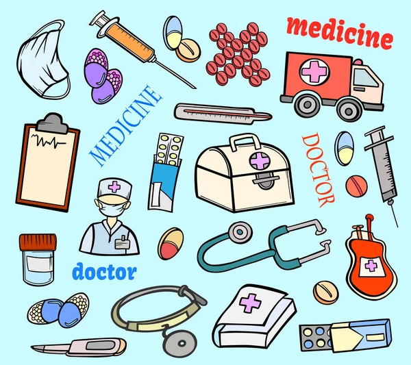 Set Equipment Medicine Color Pills Doctor Design Outline Vector Banner — Stock Vector