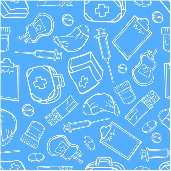 Patrón Equipo Médico Objetos Fondo Iconos Esbozar Doodle Médico Píldoras — Archivo Imágenes Vectoriales