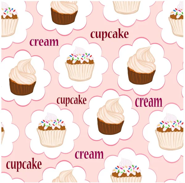 Seamless Pattern Cupcakes Cream Muffin Vector Sweets Dessert Baking Delicacy — Stock Vector