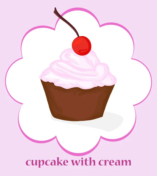 Cupcake Cherry Cream Vector Color Illustration Postcard Banner Advertisement Dessert — Stock Vector