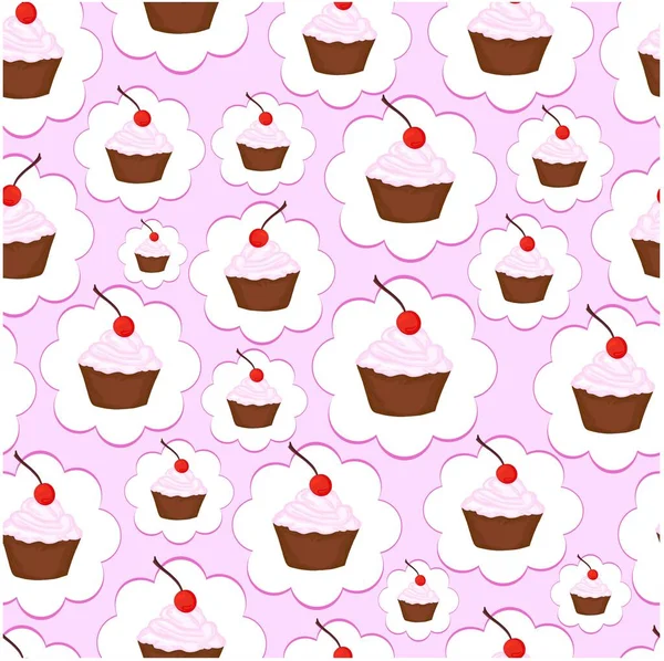 Seamless Pattern Cupcake Cherry Cream Vector Color Illustration Background Wallpaper — Stock Vector