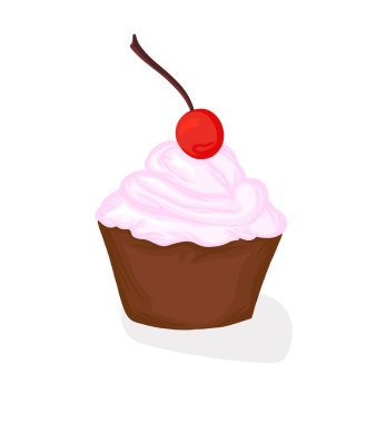 Kiraz ve krem rengi illüstrasyonlu kek ikon kartpostal afişini izole et tatlı reklamını yap kek tatlısı pişir