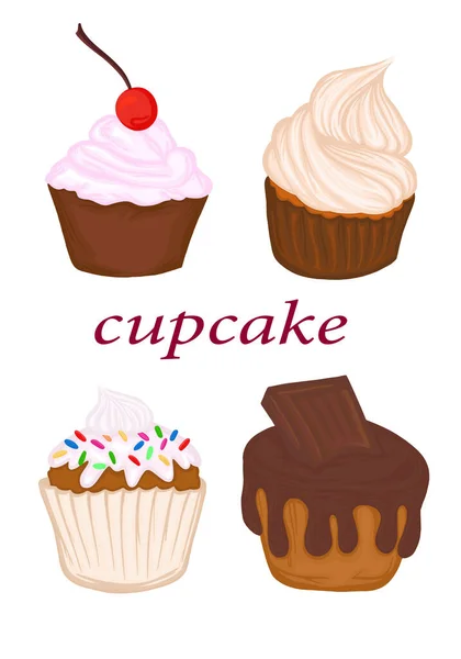Queque Cupcake Set Com Creme Chocolate Cereja Doces Sobremesa Confeitaria — Vetor de Stock