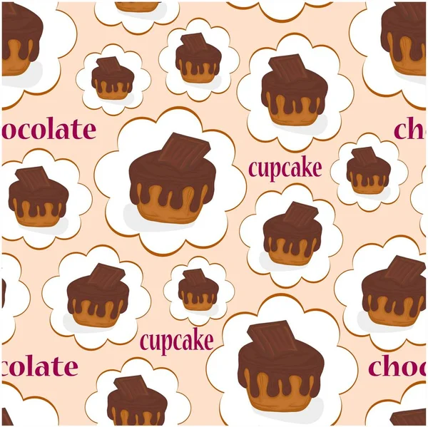 Seamless Pattern Muffin Chocolate Icing Cream Sweets Dessert Confectionery Delicacy — Stock Vector