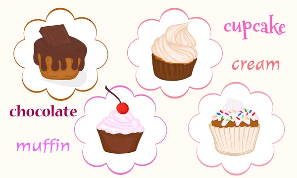 Set Cupcake Muffin Con Cioccolato Glassa Crema Caramelle Ciliegie Dessert — Vettoriale Stock