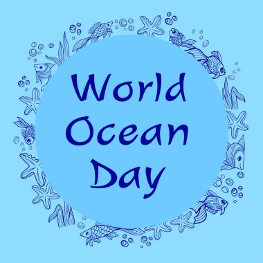 Sancak dünyası okyanus günü yıldızı deniz yıldızı arka planı. Tişört deniz karalaması için ana hatlı vektör ilüstrasyon posteri taslağı.