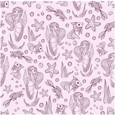 Desensiz deniz kızı balığı denizyıldızı okyanus çizgisi çizimi vektör çizimi çocuklar arka planda tekstil izi deniz piyadesi