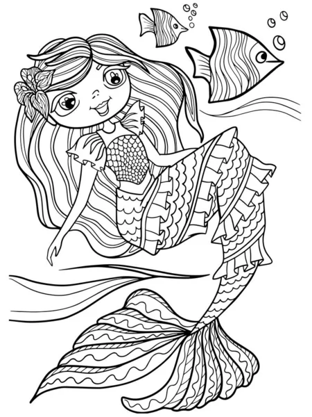 Mermaid Girl Fun Coloring Book Stress Fish Ocean Stylized Cartoon — Stock Vector