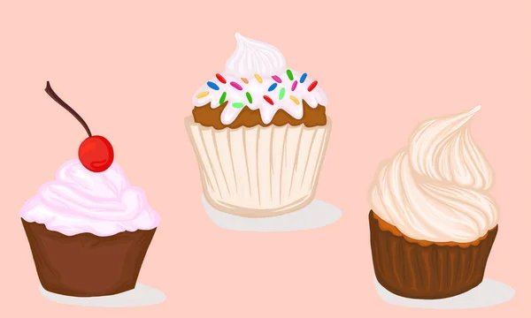 Banner Conjunto Cupcakes Com Doces Creme Macaroons Guloseimas Cartão Impressão — Vetor de Stock