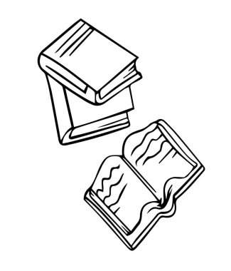 Bir dizi kitap yığını ve farklı karalama unsurları ortaya çıkardı. Grafik ana hatları ögeleri okundu. Beyaz arkaplan çizim çizimi çizimi ilmesinde izole edilmiş simgeler.