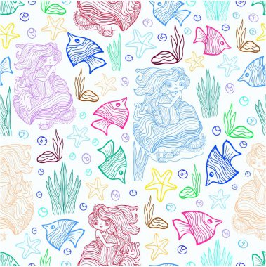 Deniz kabuğu üzerindeki küçük deniz kızı taslağı taslak çizim vektör illüstrasyon sayfası poster karalaması duvarsız duvar kâğıdı dokusu