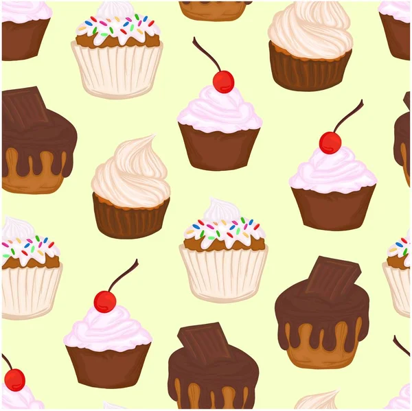 Pattern Set Muffin Cupcakes Chocolate Icing Cream Cherry Sweets Dessert — Stock Vector