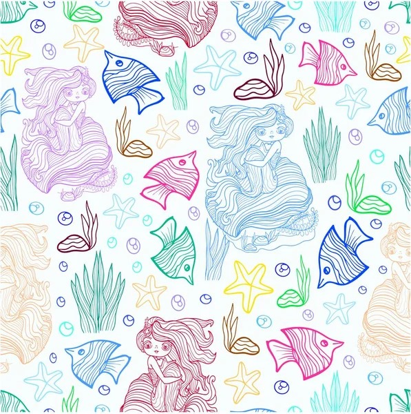pattern little mermaid on seashell ocean fish stylized sketch outline vector illustration page poster print sea doodle seamless wallpaper textile texture