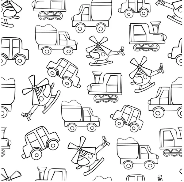 无缝图形轮廓线运输直升机载货卡车着色书简单图解儿童矢量图形涂鸦草图创作 — 图库矢量图片