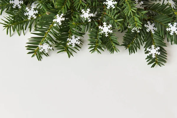 Winterrug met dennentakken en sneeuwvlokken — Stockfoto