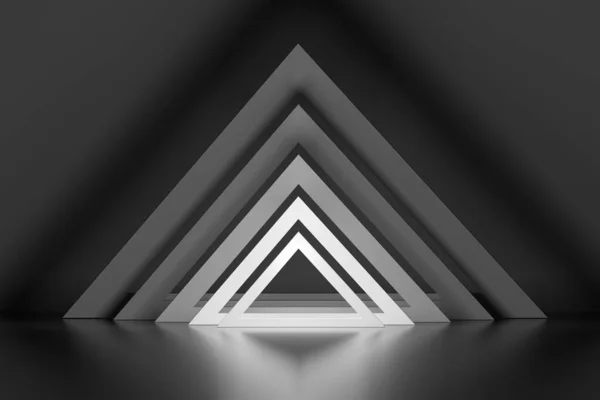 Nastavit řadu mnoha trojúhelníků se zářivým efektem přes zrcadlovou podlahu — Stock fotografie
