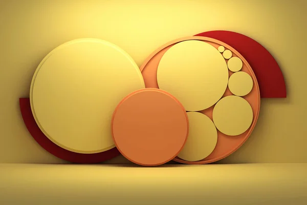 Composição com formas circulares planas redondas em cores vermelhas amarelas — Fotografia de Stock