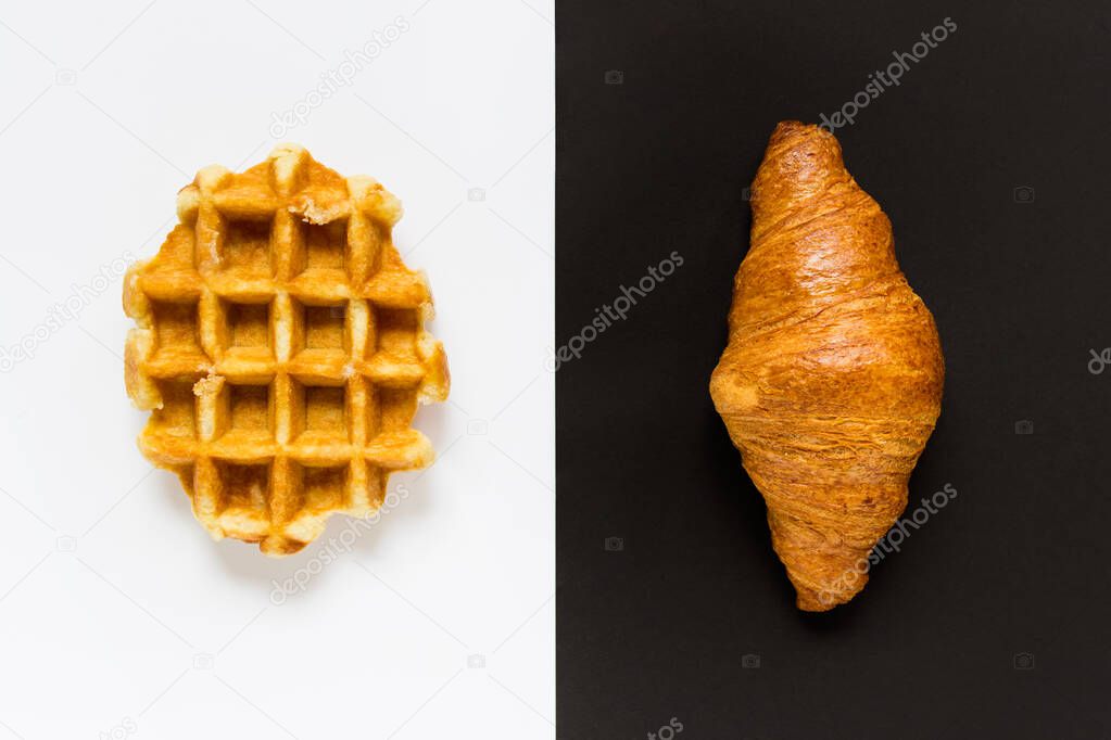 Belgian waffle and CROISSANT on black and white background