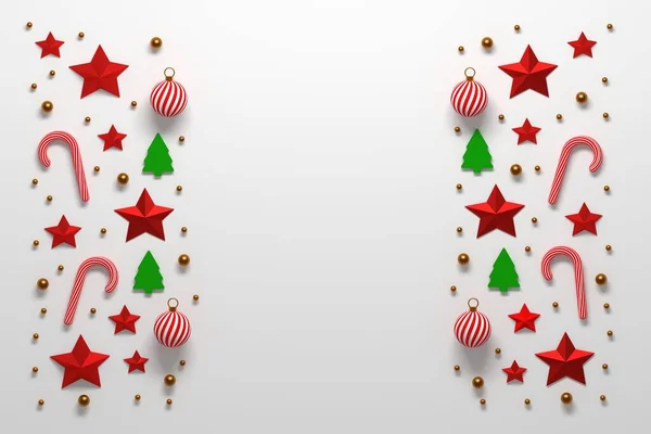 Composición navideña con bolas, estrellas y bastones de caramelo —  Fotos de Stock
