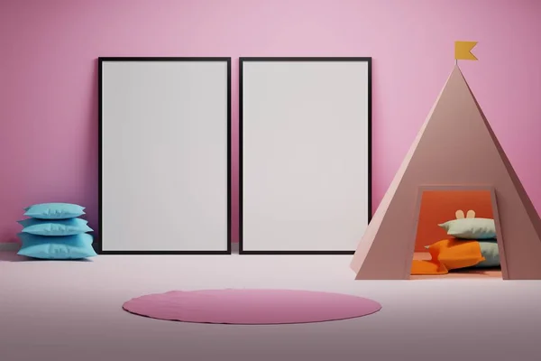 Kinderzimmer mit zwei leeren Rohrahmen und Perücke — Stockfoto