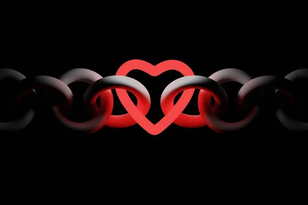 Coração vermelho brilhante com corrente no backgound preto — Fotografia de Stock