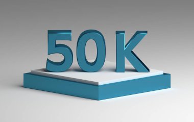 Sosyal medya konsepti mavi beyaz kaidede duran 50 bin ya da 50 bin dolarlık mavi parlaklığı sever. 3d illüstrasyon.