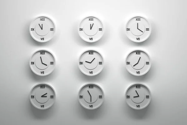 Nine wall clocks with Roman numbers — Stock Photo, Image