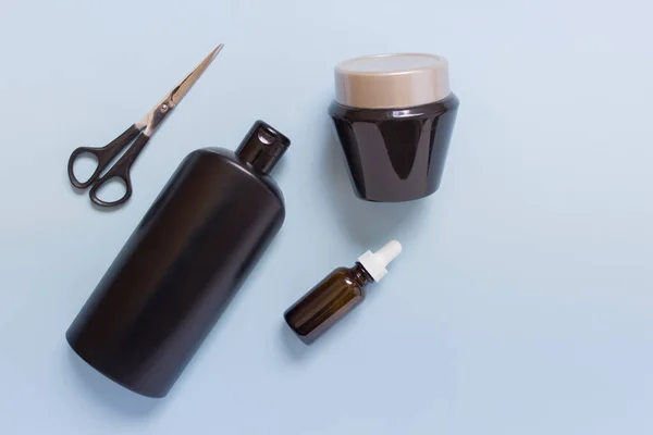 Hair Care Black Shiny Bottles Blank Empty Surfaces Good Product — Stock Photo, Image