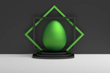 Büyük yeşil parlak yumurtalı Paskalya konsepti, dekoratif çerçeveli kaidede duruyor. 3d illüstrasyon.