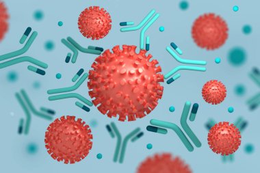 Tıbbi illüstrasyon koronası virüs parçacıkları bağışıklık sistemi tarafından üretilen antikorların immünoglobulinleriyle etkileşim halindedir. 3d illüstrasyon.