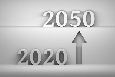 2020 'den 2050' ye geçiş dönemi ve 2050 'ye kadar gözüken cesur okla gelecek konsept çizimi. 3d illüstrasyon.