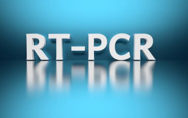 Large bold white text RT-PCR abbreviation of Reverse transcription polymerase chain reaction on blue background. 3d illustration. clipart