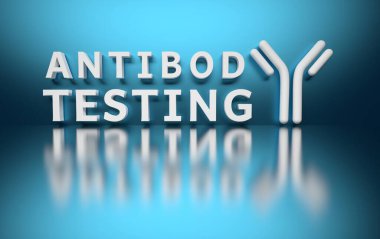 Büyük cesur kelimelerle gösterilen tasvirler antikor testleri ve mavi zemin üzerinde büyük antikor molekülleri. 3d illüstrasyon.