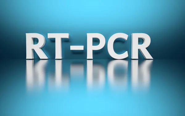RT-PCR 'ın büyük, kalın beyaz metni mavi arka planda ters çevirme polimeraz zincirleme reaksiyonunun kısaltması. 3d illüstrasyon.