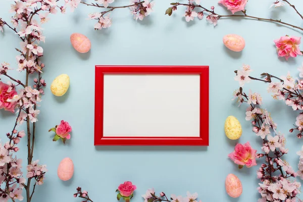 Easter template composition with red frame and empty blank space.