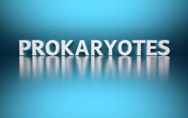 Beyaz biyoloji bilimi terimi Prokaryotlar yansıtıcı yüzeyde mavi arka planda. 3d illüstrasyon.