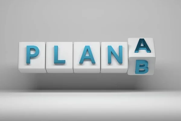 A planının B planına dönüştüğü bir tasvir. Mavi kelime ve beyaz küplere yazılmış harfler. 3d illüstrasyon.