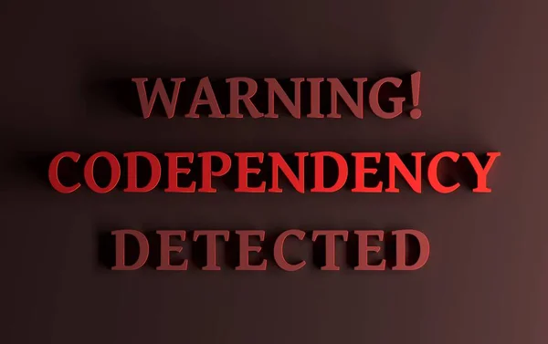 Kırmızı arkaplanda koyu kırmızı harflerle yazılmış Eş Bağımlılık kelimeleriyle uyarı iletisi saptandı. 3d illüstrasyon.