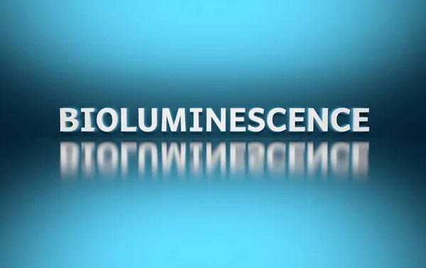 Scientific Term Bioluminescence Written Bold White Letters Reflective Blue Background — Stock Photo, Image