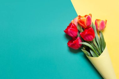 Çift renkli nane yeşili ve sarı arka planda bir buket kırmızı lale. Boş alanı kopyalayan fotoğraf.