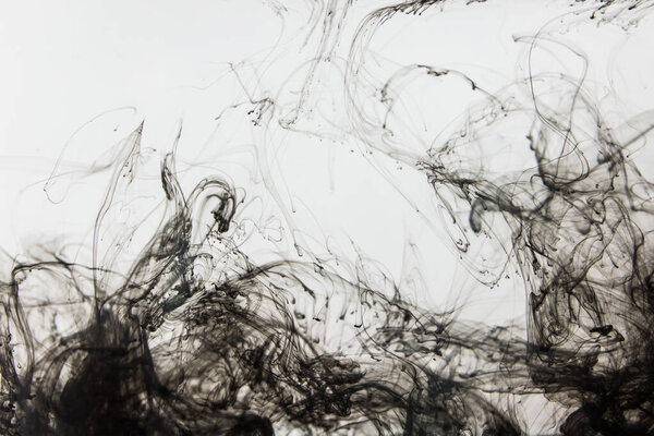 Black dye ink drops swirls dissolving in water with fine structure see thround on white background.