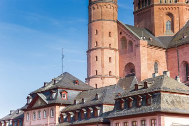 Historic houses and cathedral towers at the market square of Mainz, Germany clipart