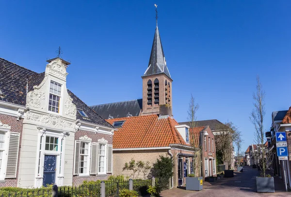 Oude Straat Met Kerktoren Heeg Nederland — Stockfoto