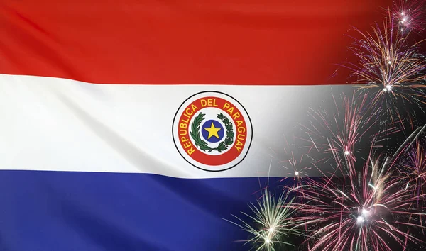 Bandera de Paraguay Fuegos artificiales tela real —  Fotos de Stock