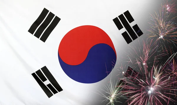 Coreia do Sul Bandeira Fogos de artifício tecido real — Fotografia de Stock