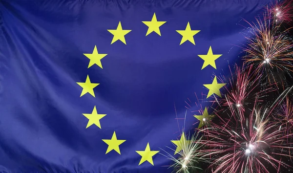 Evropa vlajky ohňostroj reálné tkanina — Stock fotografie