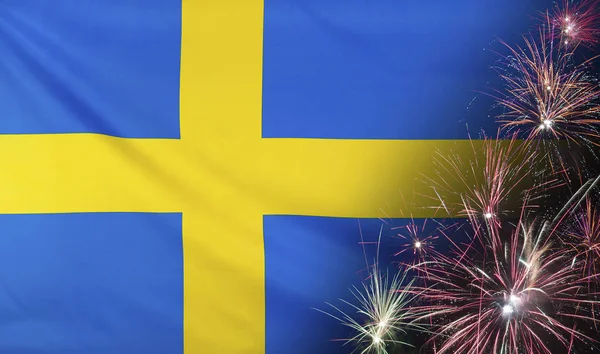 Ohňostroj vlajka Švédsko reálné tkanina — Stock fotografie