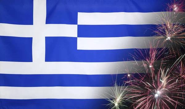 Grekland flaggan fyrverkeri riktiga tyg — Stockfoto