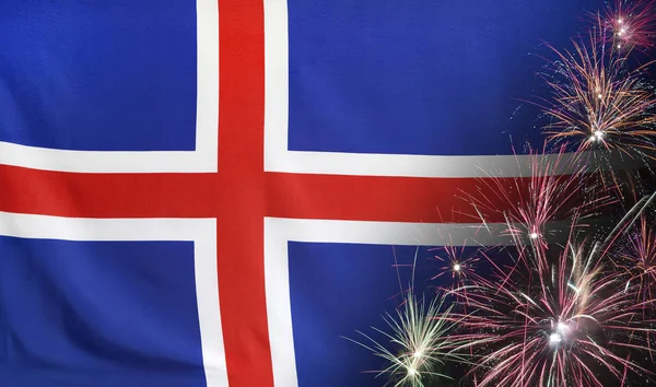 Bandera de Islandia Fuegos artificiales tela real — Foto de Stock