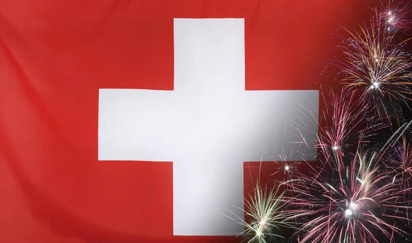 Suisse Drapeau Feu d'artifice tissu réel — Photo